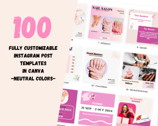 Nail Salon Instagram Post Templates, editable Canva customizable Beautician Beauty Salon Nail Technician
