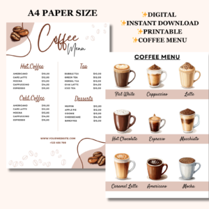 Coffee Shop Menu, Coffee Menu Template, Cafe Menu, Cafe Bar Menu, Cafe Design, Coffee Shop Branding Deisgn, Coffee Shop Design, Canva Customizable, Coffee Canva template