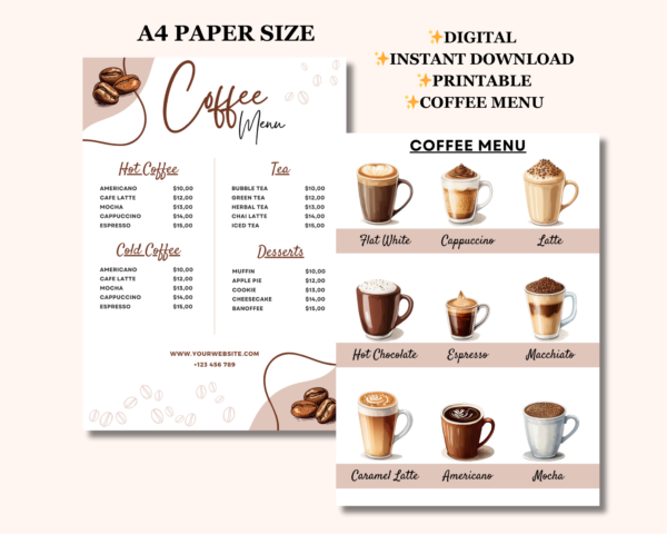 Coffee Shop Menu, Coffee Menu Template, Cafe Menu, Cafe Bar Menu, Cafe Design, Coffee Shop Branding Deisgn, Coffee Shop Design, Canva Customizable, Coffee Canva template