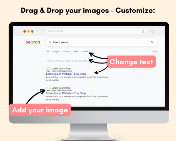 Google Search Mockups, Search Engine Mockup, Canva Template, Browser Digital Mockup, Editable Search Results, Search Bar Search Page Mock up