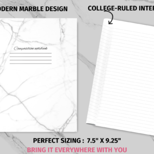 Marble Composition Notebook : Elegant White Marble Notebook: For School College Work Journaling Notes, College Ruled , 7.5 x 9.25, Elegant Marble Cover