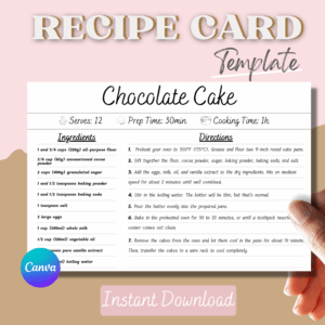 Editable Recipe Card Canva Template Printable, Recipe Template Canva ,Ingredients Customizable Food Card Digital Instant Download Insert Sheet Template