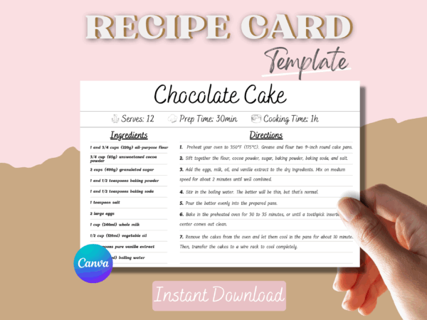 Editable Recipe Card Canva Template Printable, Recipe Template Canva ,Ingredients Customizable Food Card Digital Instant Download Insert Sheet Template
