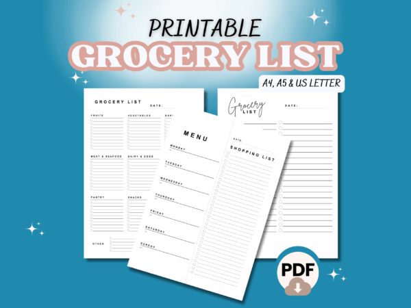 Grocery List, Grocery Shopping List, Grocery Items Products List, Weekly Grocery List, Menu Shopping List, Printable, US Letter, A4, A5, PDF Template, printable grocery shopping list, grocery list PDF, grocery checklist printable, printable shopping list template, editable grocery list, fillable grocery list PDF, weekly grocery list printable, categorized grocery list, meal planning grocery list, grocery list for printing, simple grocery list template, free grocery list PDF, digital grocery checklist, grocery list planner, downloadable shopping list, organized grocery list printable, grocery shopping planner, grocery list with categories printable, minimalist grocery list template, grocery list for meal prep